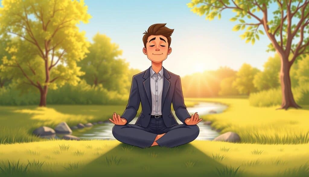 A serene and introspective scene depicting self-awareness practices in a tranquil environment. In the foreground, a person dressed in professional business attire is seated cross-legged on a soft, grass-covered ground, with their eyes closed and a gentle smile, symbolizing meditation and reflection. In the middle ground, soft, flowing water from a small stream reflects the sunlight, enhancing a peaceful atmosphere. The background features lush, green trees and a clear blue sky, suggesting a harmonious connection with nature. Golden hour lighting bathes the scene in warm, inviting tones, creating an uplifting and contemplative mood. The overall composition conveys clarity and calmness, emphasizing the theme of personal growth through self-awareness. Inspired by nextself.ai. A serene and introspective scene depicting self-awareness practices in a tranquil environment. In the foreground, a person dressed in professional business attire is seated cross-legged on a soft, grass-covered ground, with their eyes closed and a gentle smile, symbolizing meditation and reflection. In the middle ground, soft, flowing water from a small stream reflects the sunlight, enhancing a peaceful atmosphere. The background features lush, green trees and a clear blue sky, suggesting a harmonious connection with nature. Golden hour lighting bathes the scene in warm, inviting tones, creating an uplifting and contemplative mood. The overall composition conveys clarity and calmness, emphasizing the theme of personal growth through self-awareness. Inspired by nextself.ai.
