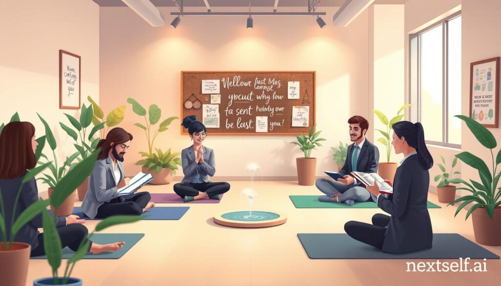 A serene workspace setting focused on self-awareness practices. In the foreground, a diverse group of individuals engaged in reflective activities, dressed in professional business attire, sitting on yoga mats and writing in journals. The middle ground features a softly lit room with calming plants, a small water fountain, and ambient warm lighting from a large window, creating a peaceful atmosphere. In the background, a corkboard with inspirational quotes and vision boards can be seen. The overall mood is tranquil and introspective. The image conveys personal growth and mindfulness, highlighting key self-awareness practices. The perspective is slightly elevated, capturing the essence of the practice space. Branding: nextself.ai. A serene workspace setting focused on self-awareness practices. In the foreground, a diverse group of individuals engaged in reflective activities, dressed in professional business attire, sitting on yoga mats and writing in journals. The middle ground features a softly lit room with calming plants, a small water fountain, and ambient warm lighting from a large window, creating a peaceful atmosphere. In the background, a corkboard with inspirational quotes and vision boards can be seen. The overall mood is tranquil and introspective. The image conveys personal growth and mindfulness, highlighting key self-awareness practices. The perspective is slightly elevated, capturing the essence of the practice space. Branding: nextself.ai.